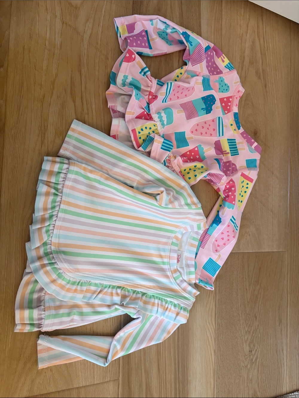Ruffle Butts Pastel Stripe Swim Top in Mint, Peach & Lavender 12-18mo